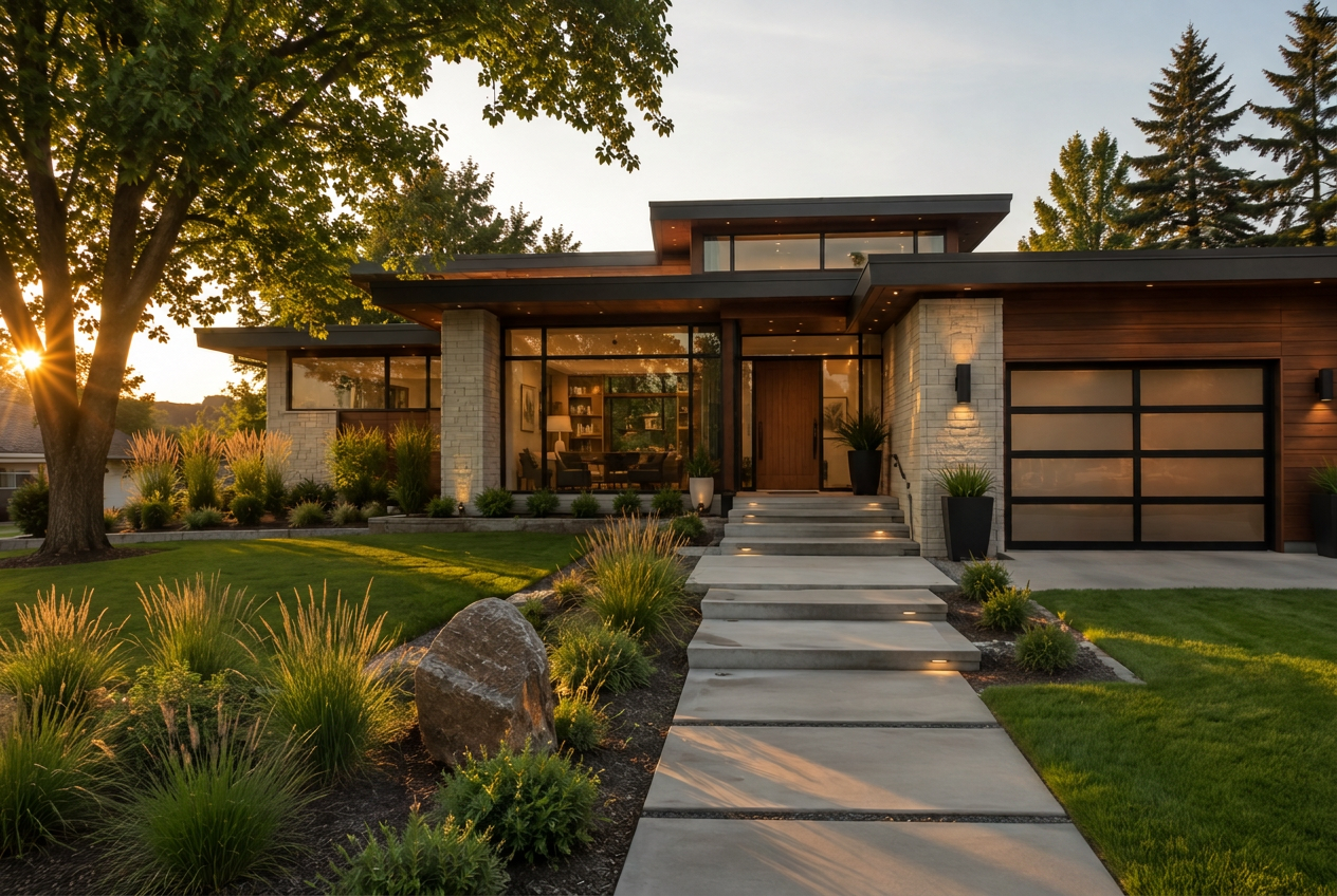 Modern single-story home with warm wood siding and stone pillars at golden hour