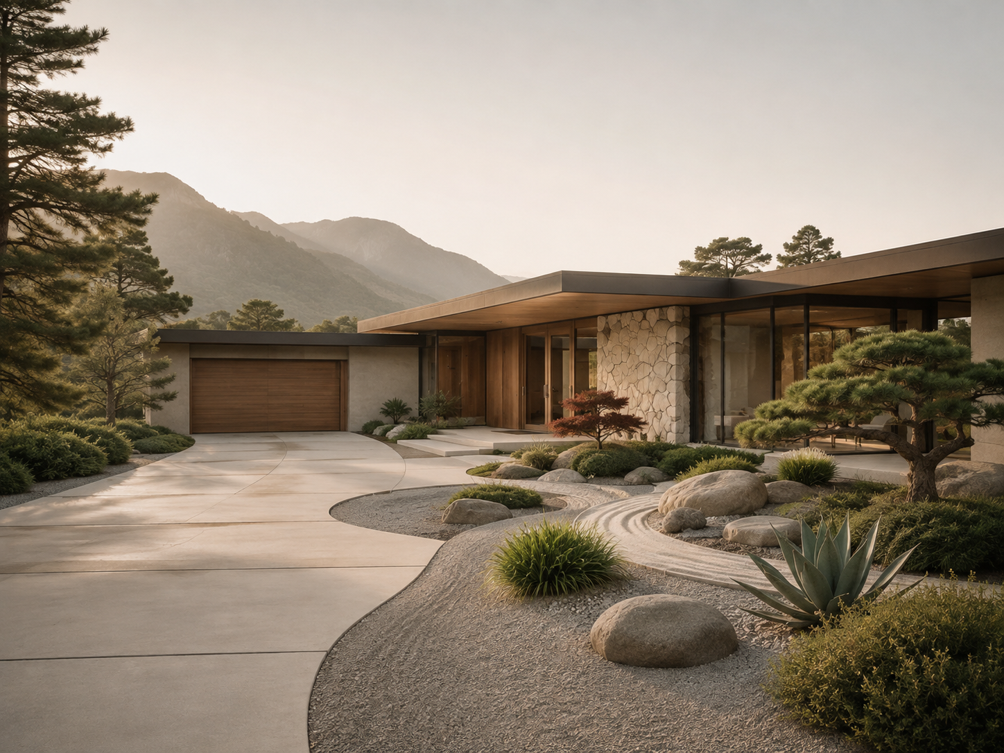 Mid-century modern home at golden hour with mountain backdrop