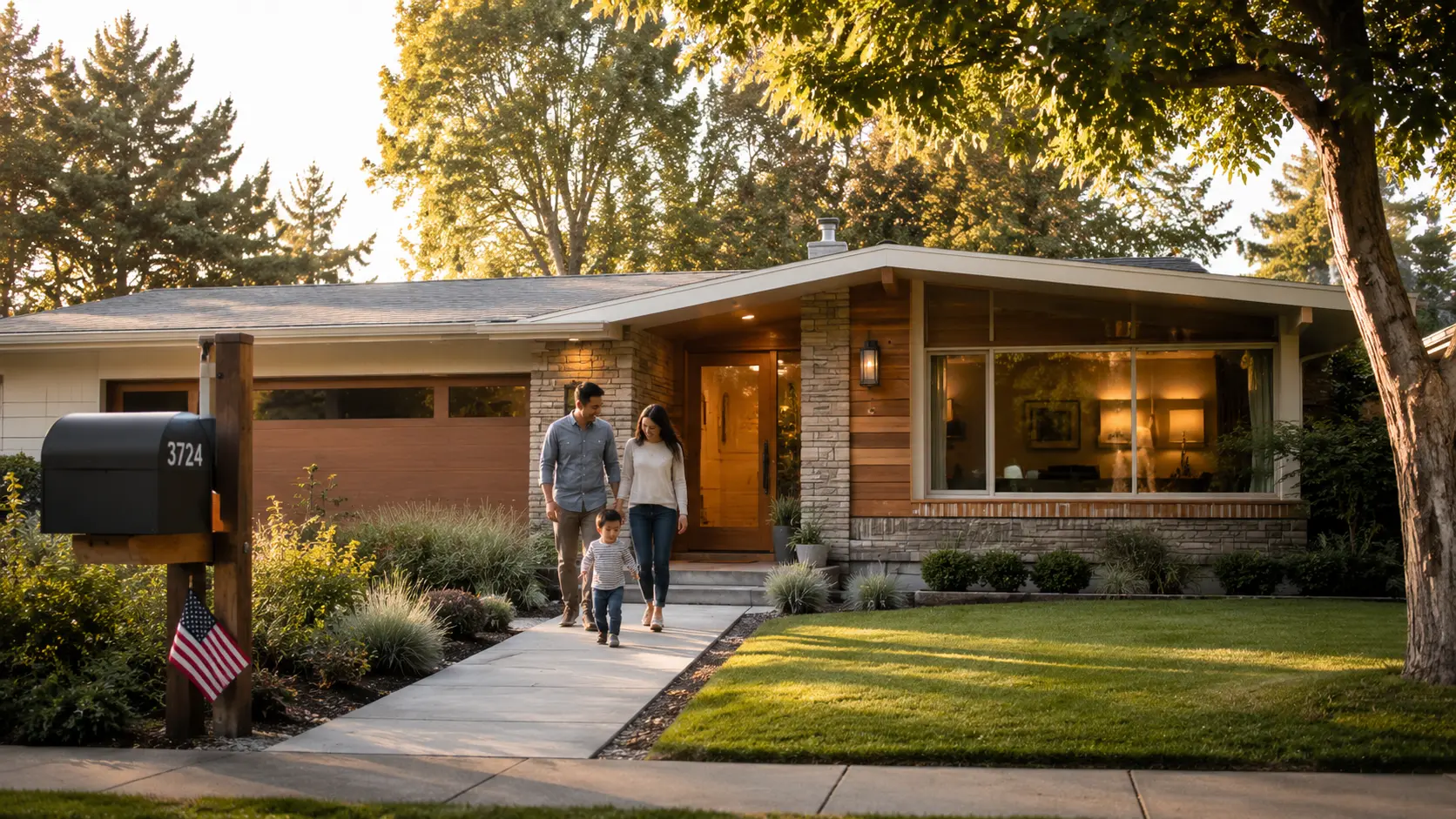 Family walking up the path to a mid-century ranch home at golden hour