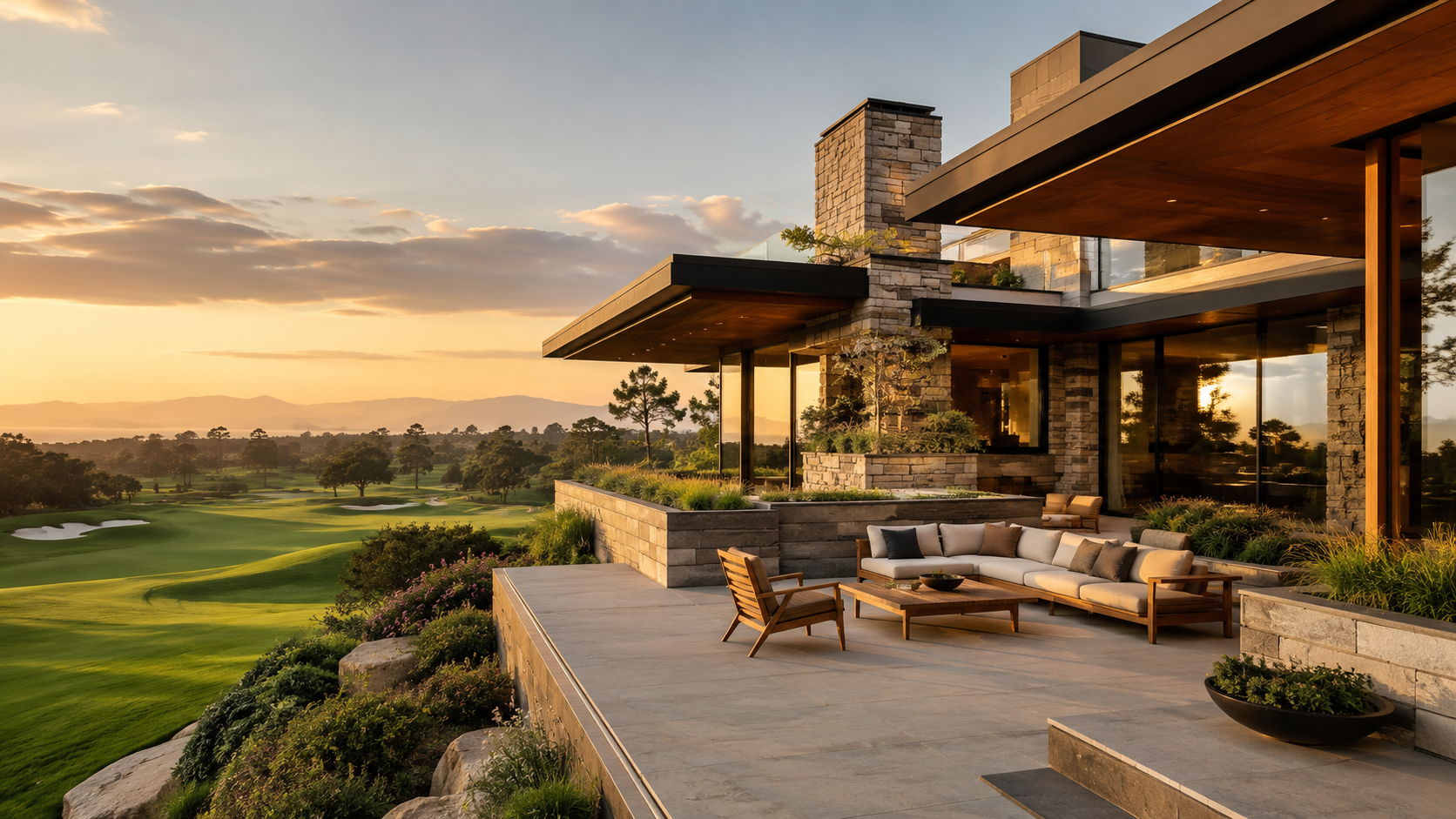 Modern home patio overlooking a golf course at golden hour