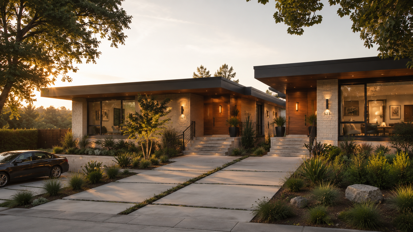 Modern multi-unit investment duplex with stone and wood siding at golden hour