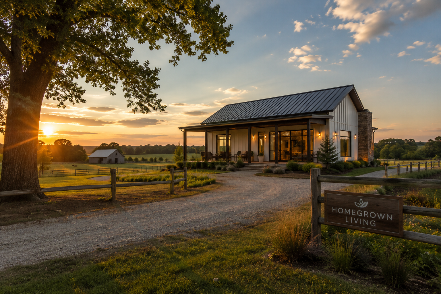 Serene rural modern farmhouse with a metal roof at sunset, framed by a large tree and fenced fields