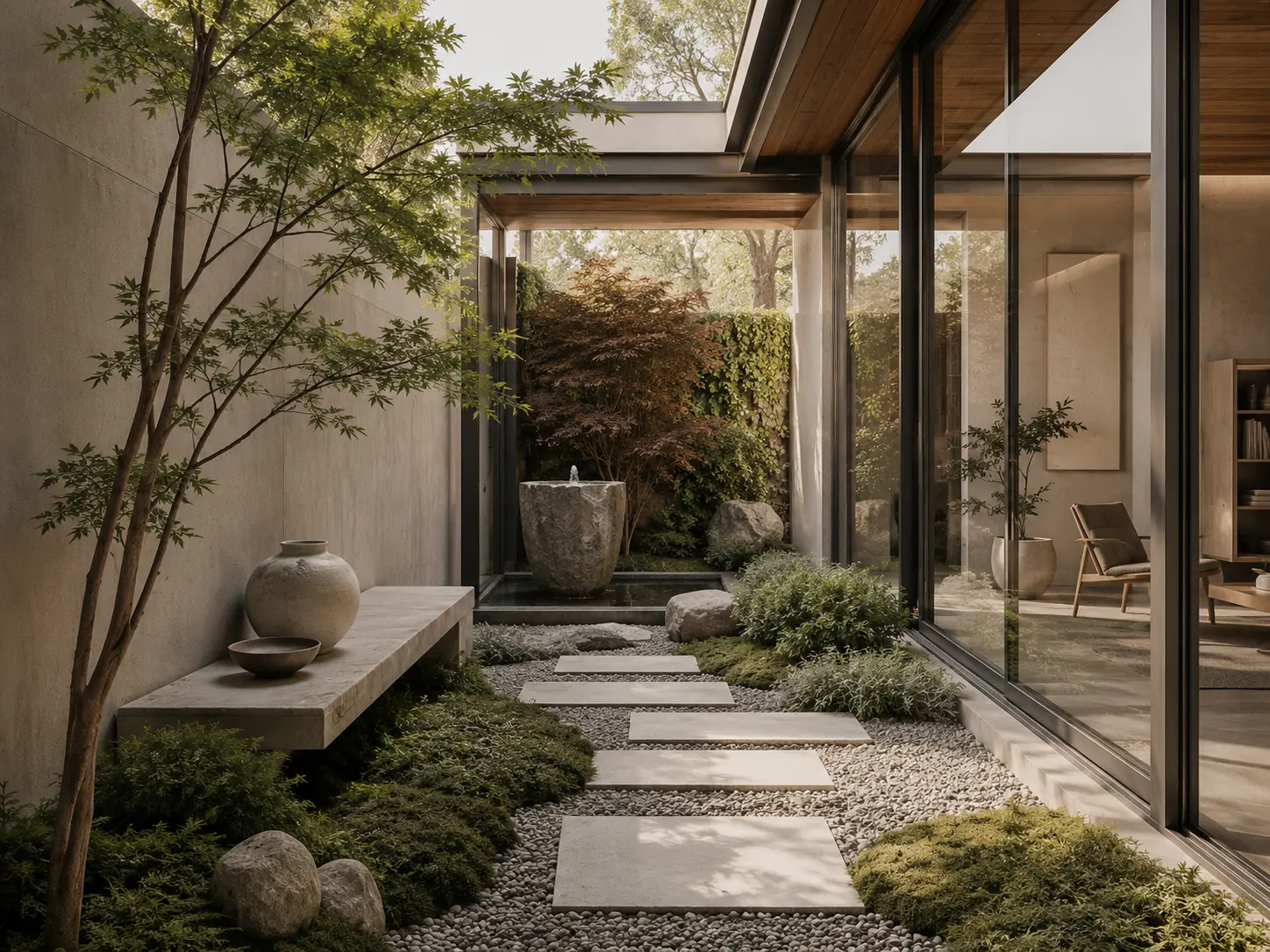 Quiet courtyard garden beside a mid-century modern home