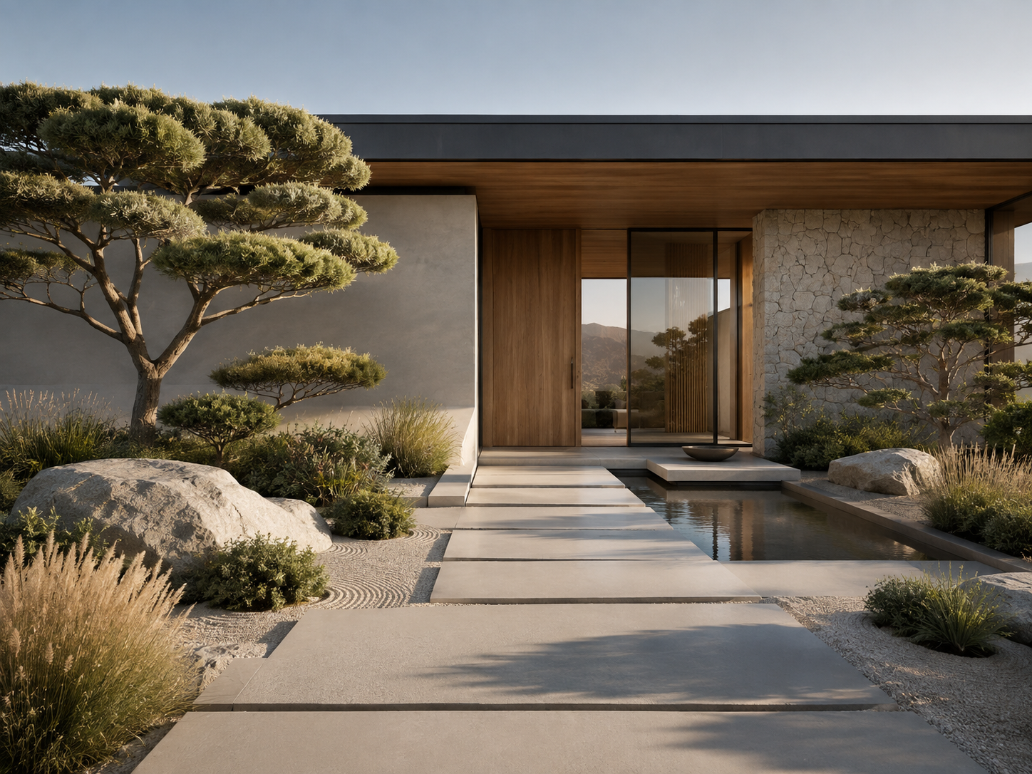 Modern home entry with stone path and garden