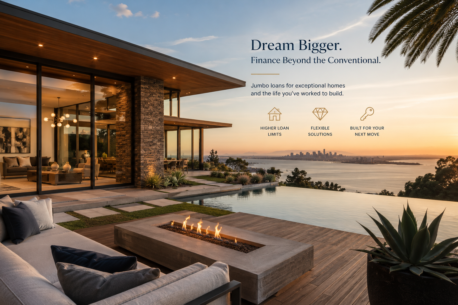 Modern luxury home with glass walls, stone pillar, infinity pool and golden-hour skyline