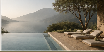 Infinity pool overlooking a calm lake and hillside