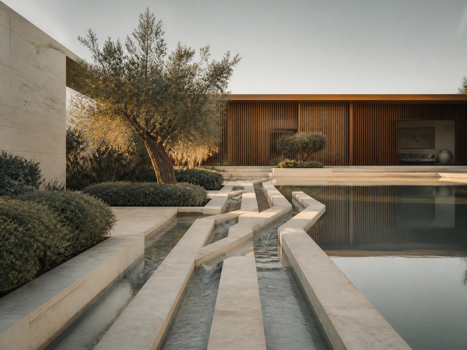 Several stone water channels converging into a single calm reflecting pool