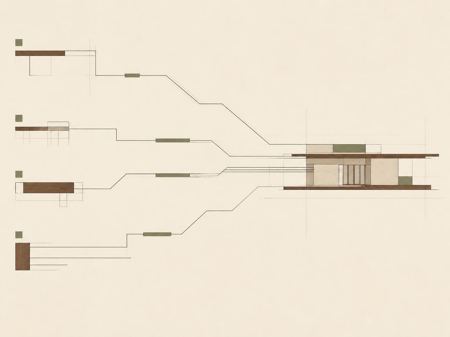 Editorial architectural illustration of four separate lines converging into one clean, unified structure
