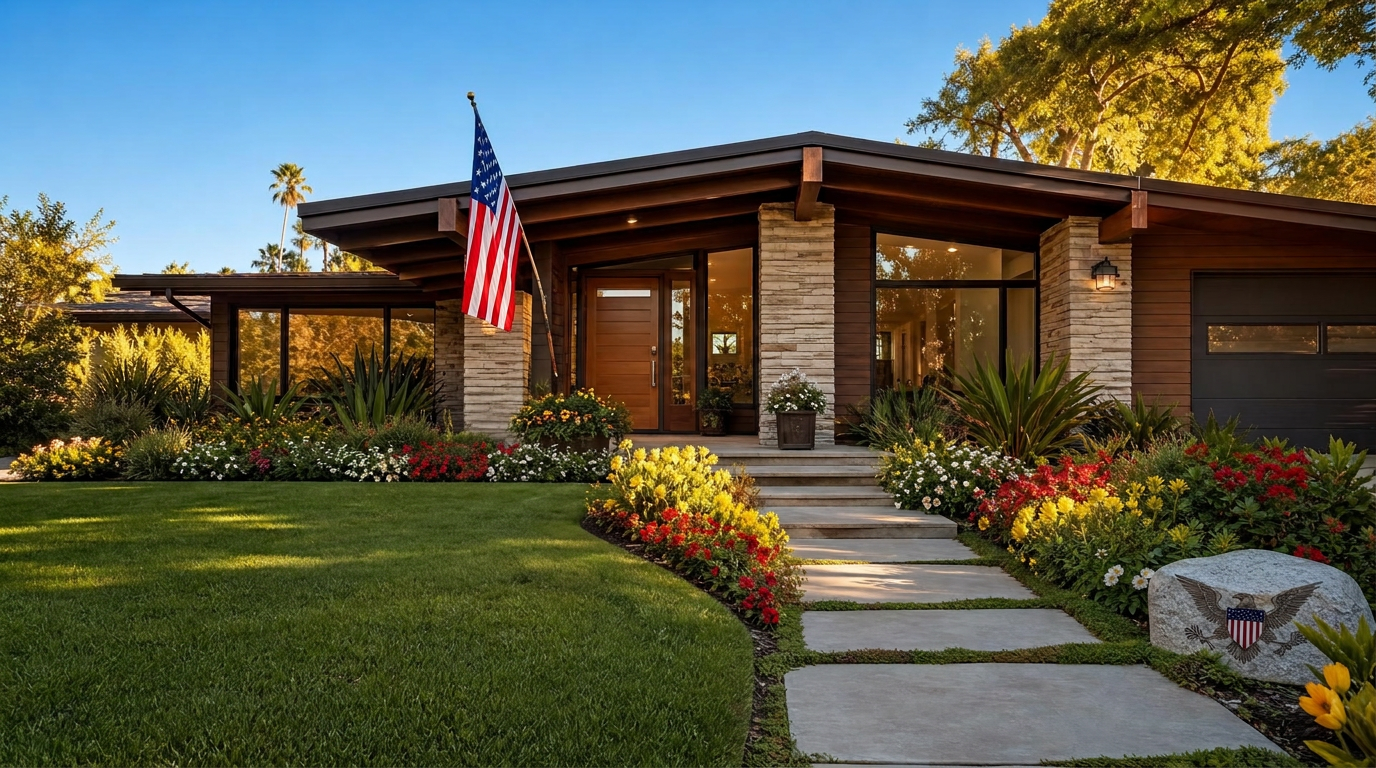 All-American mid-century home with a bright sky, green lawn and flag